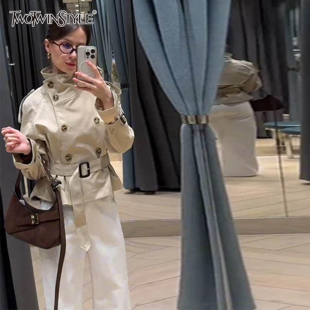 

TWOTWINSTYLE Solid Spliced Belt Jackets for Women O Neck Long Sleeve Tunic Spliced Button Trench Female Fashion Style