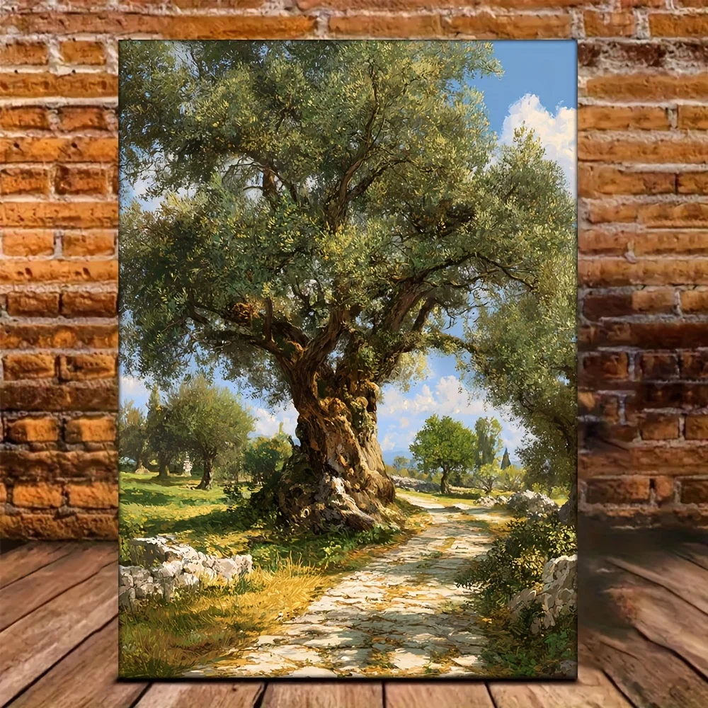 (No frame)2D Flat, Ancient Olive Tree Painting Canvas Print Greek Nature Landscape Old Olive Tree Poster Olive Grove Print Re