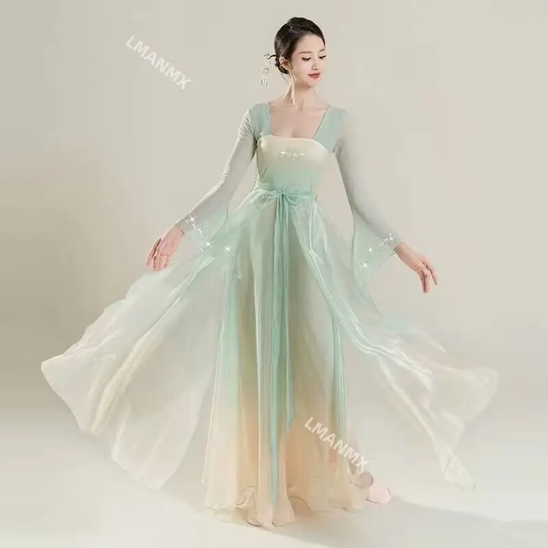 

Chinese style folk dance classical dancer performance costumes elegant cardigan practice clothes body rhyme long outer gauze