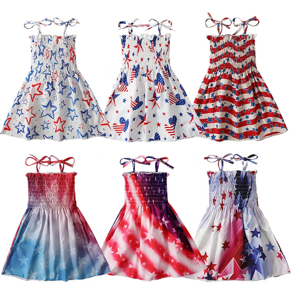 Charming 4th of July Summertime Girls Casual Dresses Sling Patriotic Pattern and Cartoon Printed Playful Butterflies and Stars