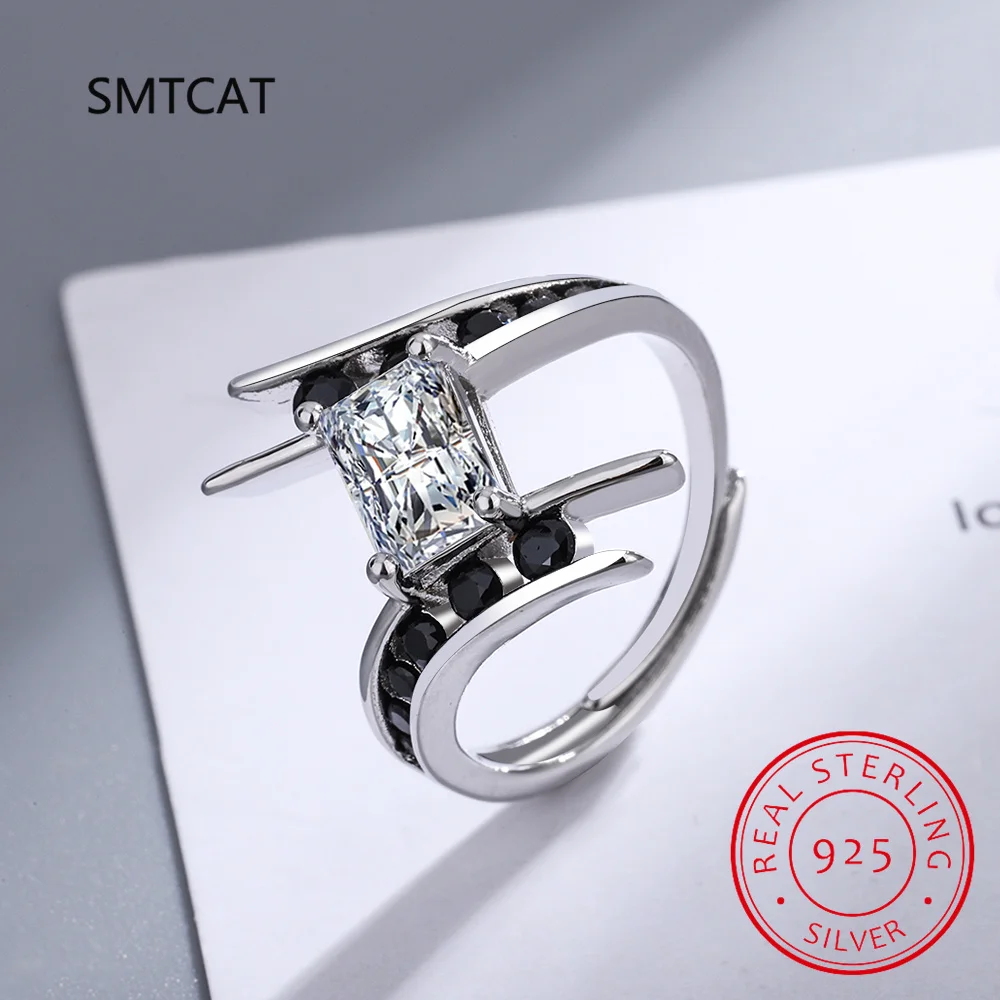 Natural Black Spinel 925 Sterling Silver Geometric Ring for Women Fashion Emerald Cut Gemstone Jewelry Anniversary Birthday Gift