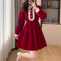 Women Ruffle Mesh Patchwork Luxury Elegant Party Dresses Vintage Gold Velvet High Waist Long Sleeve Slim Midi Dress Red Vestidos