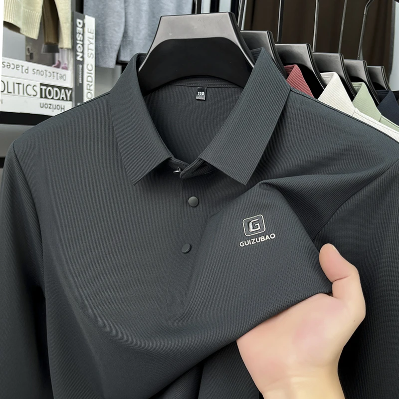 الراقية العلامة التجارية إلكتروني تنقش طويلة الأكمام قميص بولو الرجال أزياء جديدة نمط الراحة الأعمال عارضة الربيع الخريف التلبيب تي شيرت #1