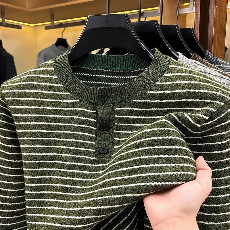 Fashion button round neck men's sweater high-end new knitted striped soft comfort luxurious autumn winter warm casual pullover