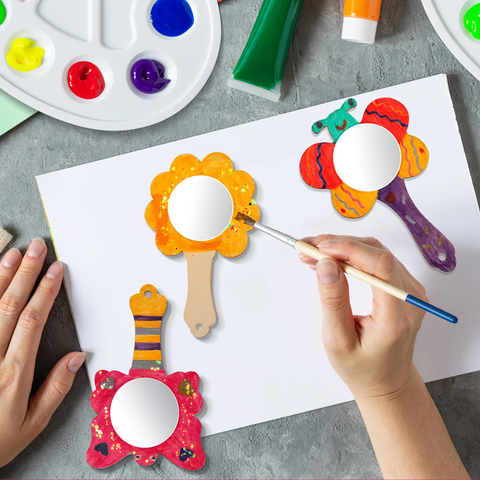 18 قطعة من مرايا الرسم الخشبية المصنوعة يدويًا مجموعة مرآة حرفية صغيرة للأطفال مرايا خشبية غير مكتملة محمولة باليد مجموعة مشروع فني إبداعي #3