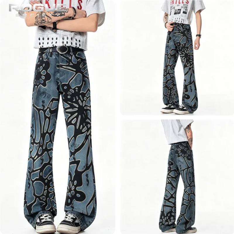 

Vintage Artistic Men Flared Jeans Abstract Graffiti Print Two Tone Denim Luxury Baggy Wide Leg Summer Streetwear Casual Bottoms