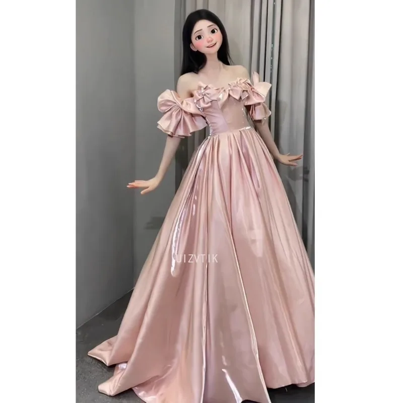 Pink Long Party Evening Dress Boutique Off-Shoulder A-Line Floor Length Prom Gown Customized Light Luxury Satin Wedding Dresses