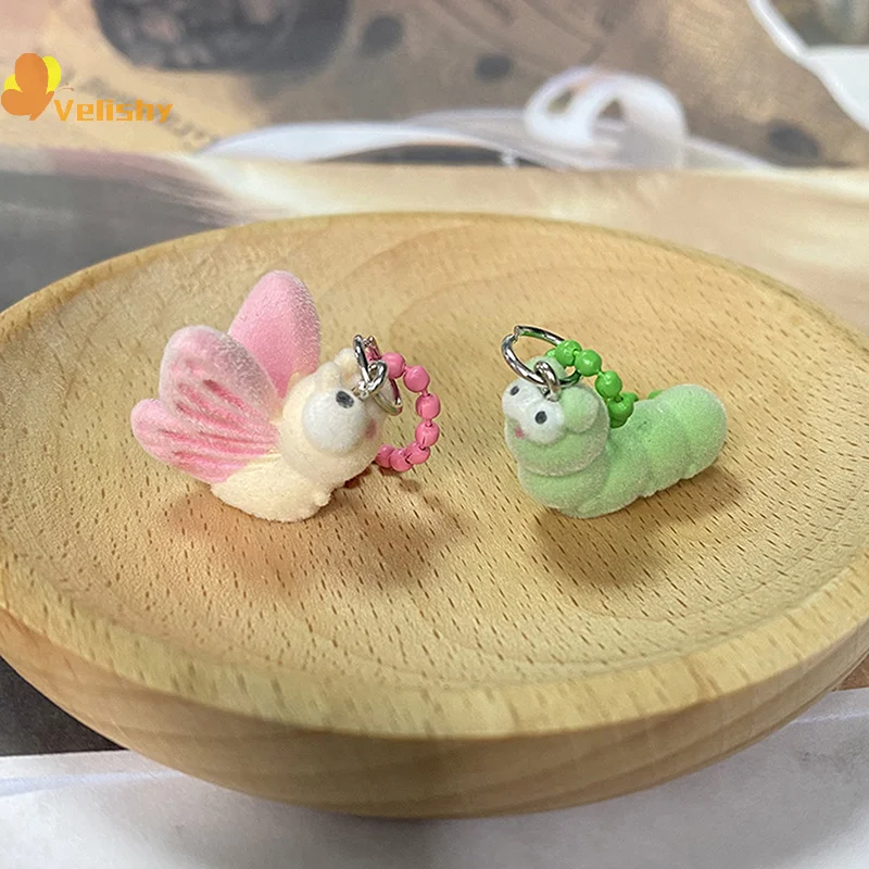 3D Flocking Animal Lanyard Keychain Mini Resin Fluffy Keyring Cute Bag Pendant Earphone Case Charms Car Key Holder Couple Gifts