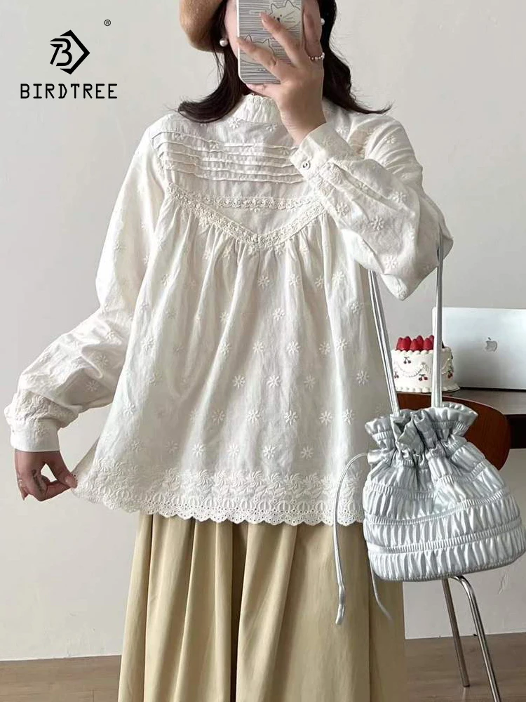 

New 2025 Winter Cotton Long Sleeve Shirt, Women Stand Embroidery Patchwork, Mori Girl French Preppy Style Loose Blouse T5N050CC