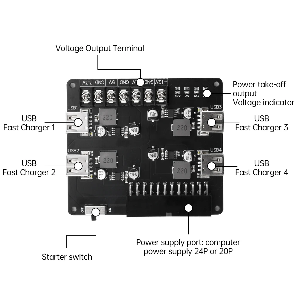 

DC 3.3-12V 4-way USB Interface ATX Adapter Board Power Board Desktop Computer Power Supply Module Support 3V 5V 12V -12V