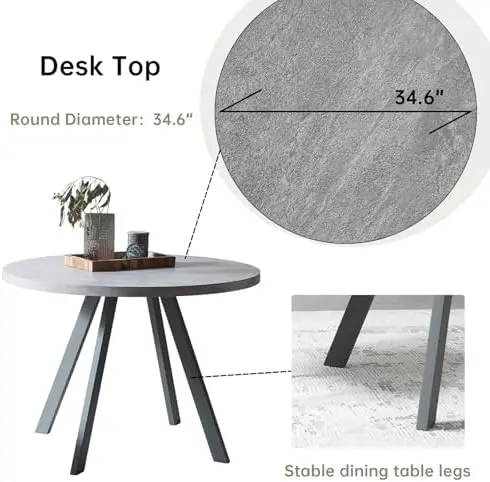 34.6' Round Dining Table Set for 2, Grey + 2 Black Chairs
