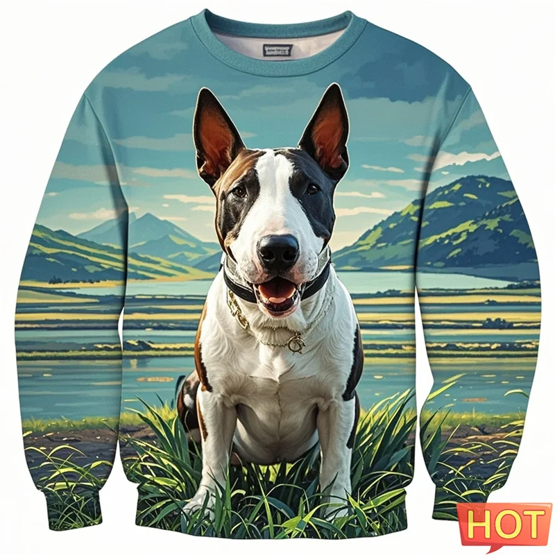 Cute Bull Terier Graphic Sweatshirts For Men Clothes 3d Printing Bulldog O Neck Pullover Hoodie For Kid Women Sportwear Tops