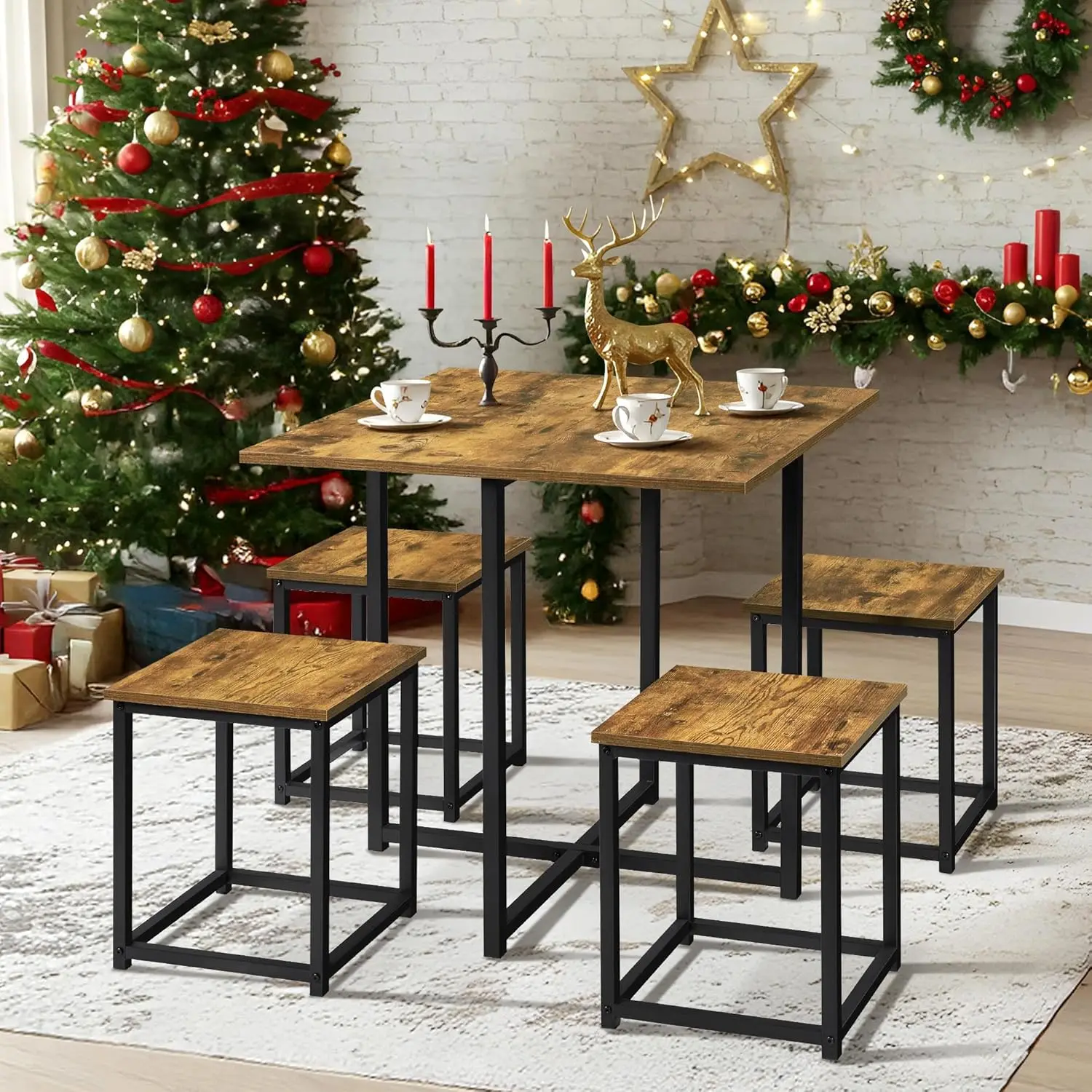 

Industrial Dining Table Set for 4 Compact Kitchen Table and 4 Stools Space Saving Home Furniture for