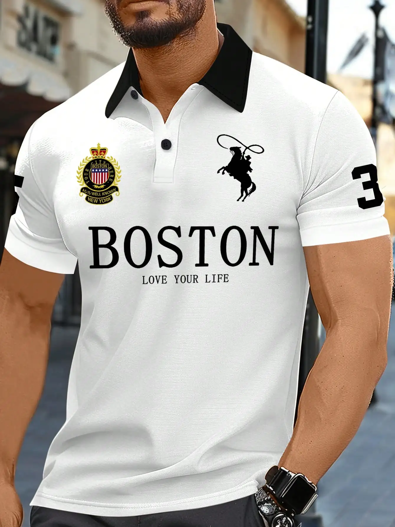 

Men's White Short Sleeve Casual Polo Shirt with Graphic Print and Contrast Collar