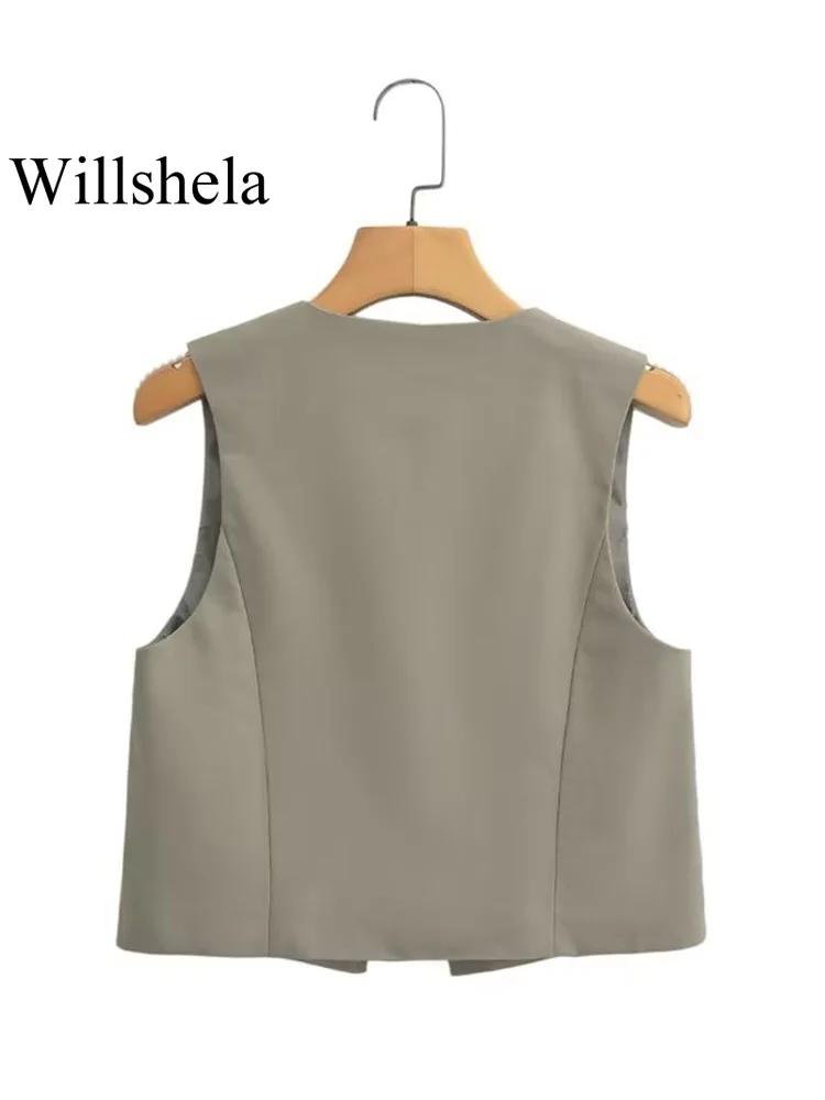 Willshela Women Fashion With Beading Army Green Lace Up Vest Sleeveless Jackets Vintage V-Neck Waistcoat Female Chic Tank Tops