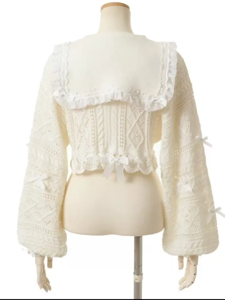 Chemise à manches longues avec nœud en dentelle, style Mine japonais, doux et mignon, col marin, cardigan court tricoté, taille haute, jupe trapèze, ensemble pour femmes