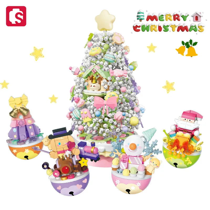 SEMBO Christmas Tree Light Music Box Assemblage Building Blocks MOC Bell Models Tumbler Home Decor Toys for Girls Christmas Gift