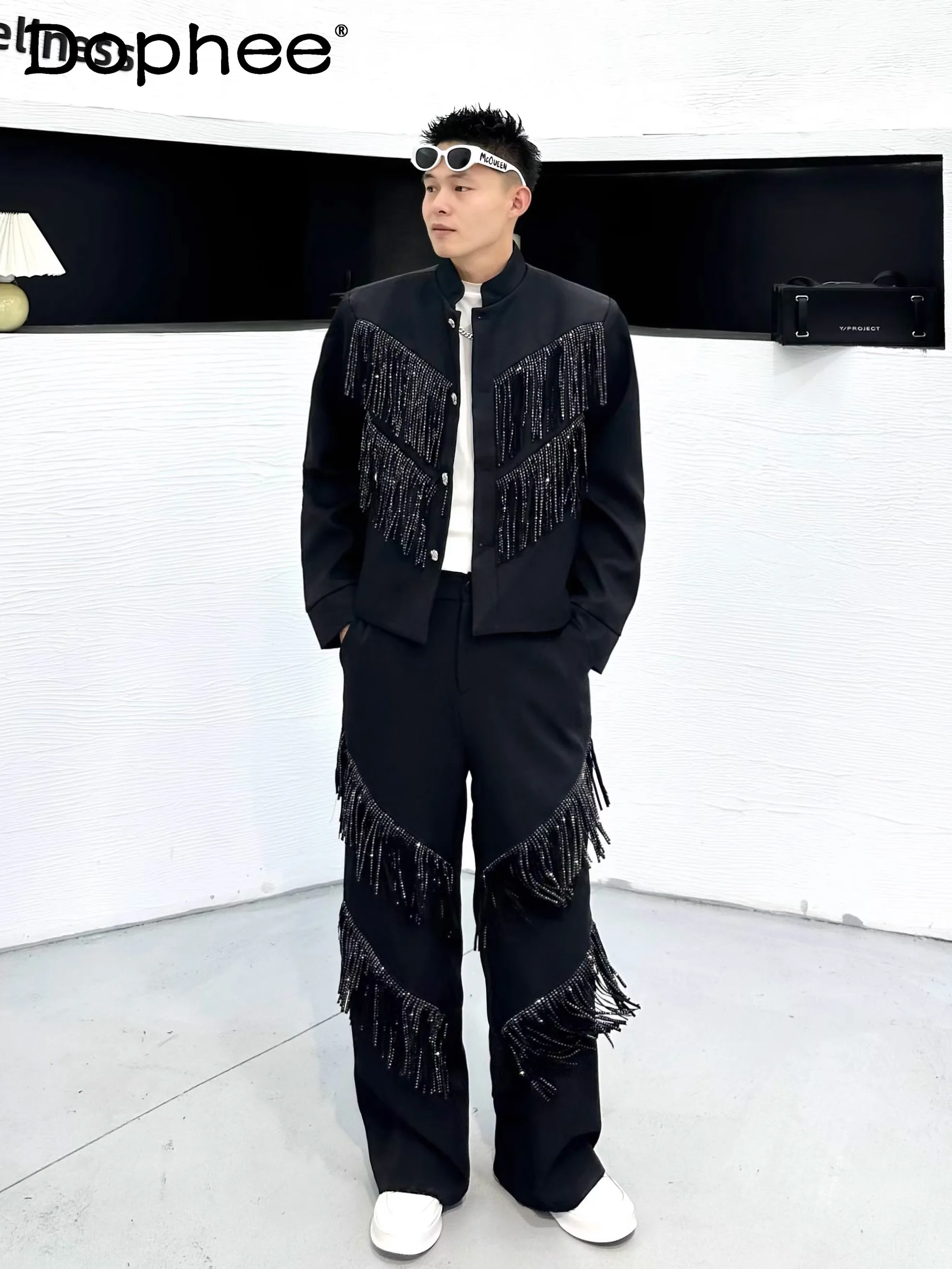 

2025 Fashion Trend High-End Heavy Craft Suit Set for Men with Beaded Tassels Loose Casual Two-Piece Set