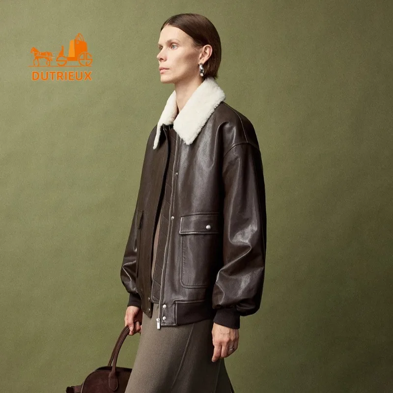 2025 Giacca in vera pelle da lavoro trapuntata con collo in pelliccia da donna del nuovo inverno 20225, cappotto casual retrò e versatile in vera pelle di pecora al 100%