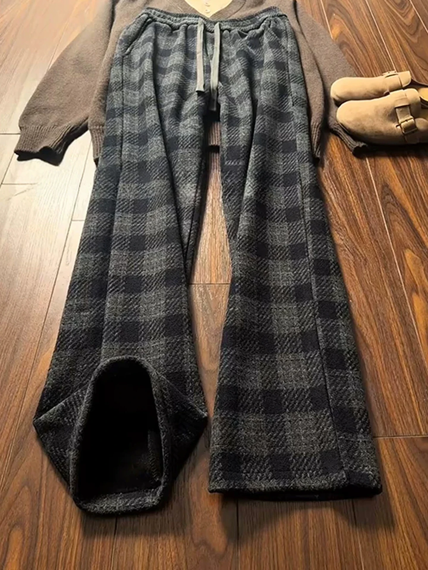 

Мужские зимние шерстяные брюки в клетку, свободного кроя, с начесом, широкие прямые брюки, повседневные, в американском стиле