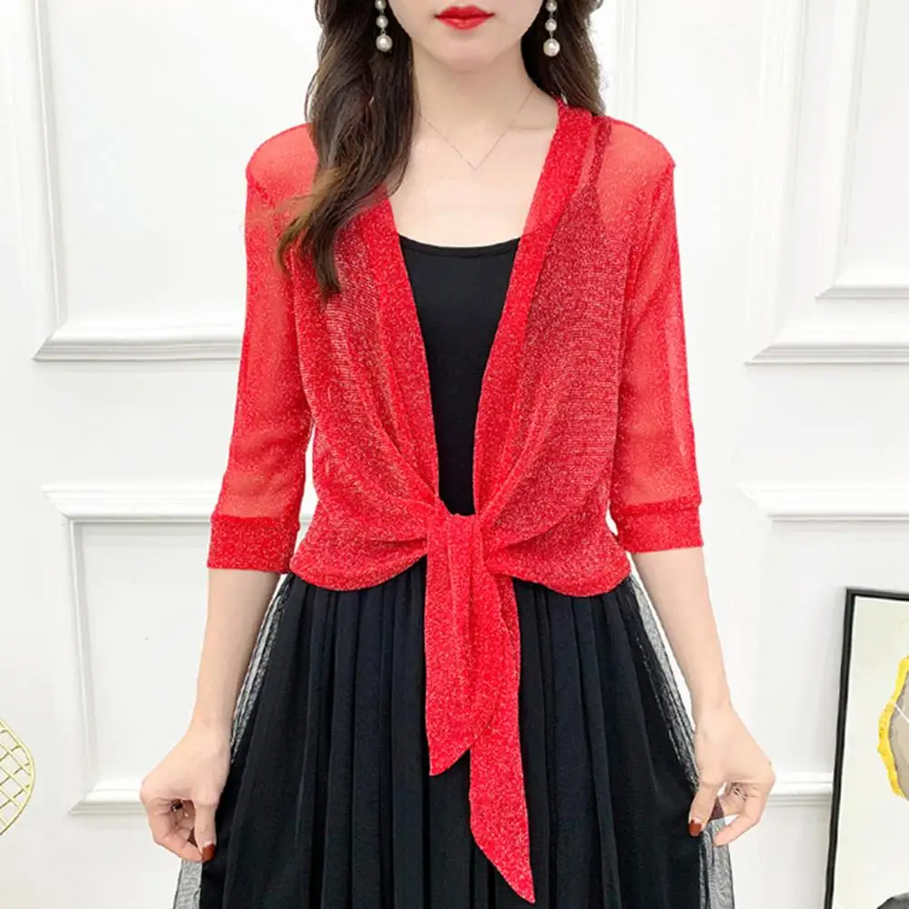 سترة نسائية من الدانتيل اللامع ، نصف كم ، سترة قصيرة خفيفة الوزن ، شال شفاف ، بلوزة فضفاضة ، معطف واقي من الشمس ، الصيف