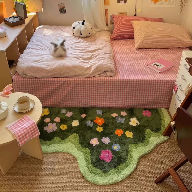 Cute Green Moss Bathroom Rug Mat - Long Rectangular Bohemian Leaf Pattern Fluffy Non-Slip Absorbent Shower Mat for Bathroom