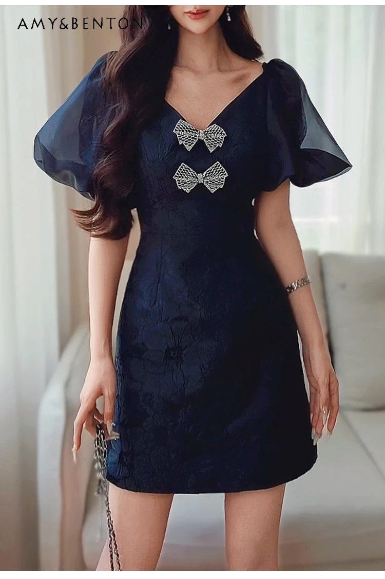 

French Temperament Socialite Diamond Bow Puff Sleeve Jacquard Dress for Women Summer New High-Grade Socialite Slim Mini Dress