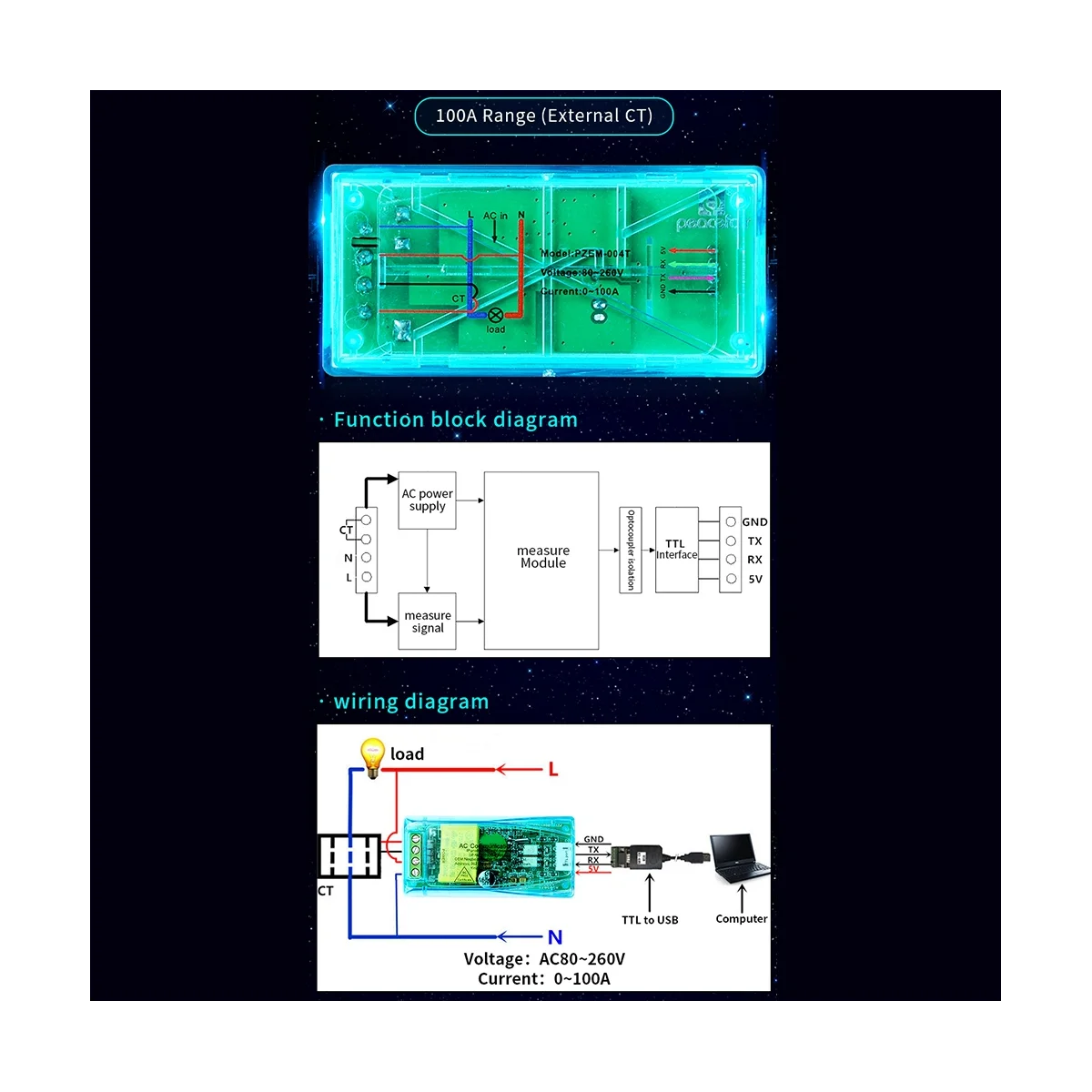 100A PZEM 004T 3.0 Wattmeter+Open CT+TTL To USB Cable Kwh Meter Volt Amp Test Module for TTL COM2/COM3/COM4