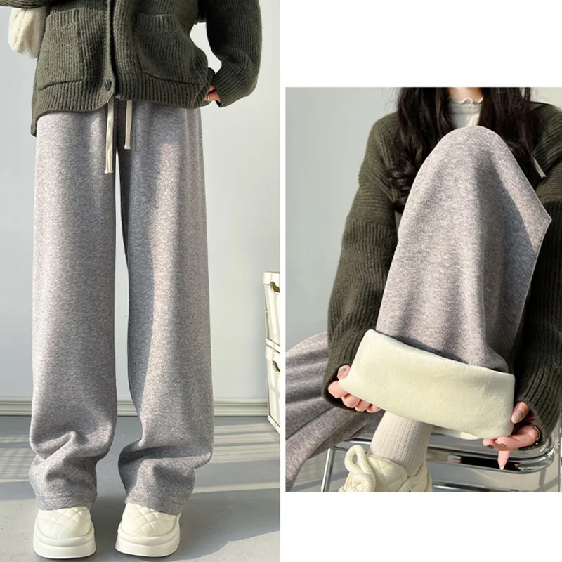 

2024 New Autumn Winter Women Lazy Style Long Pants Lady Elegant Solid Cotton Elastic High Waisted Straight Leg Wide Leg Trousers