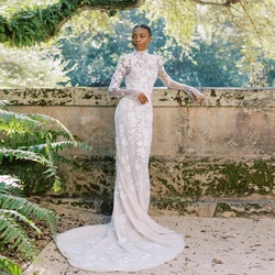 Elegante vestido de novia de sirena de encaje de flores para mujer, elegante cuello alto, apliques de malla, vestidos de novia largos de África