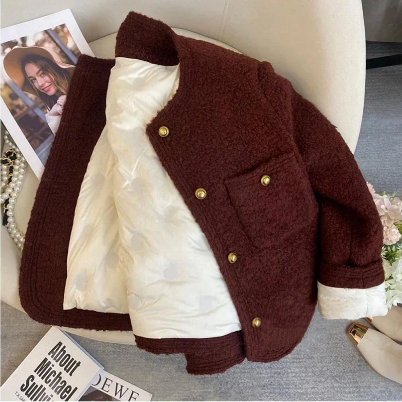 

Зимнее толстое пальто из искусственной шерсти, женское корейское элегантное свободное теплое пальто в стиле Хепберн Y2K, уличная однобортная смешанная верхняя одежда
