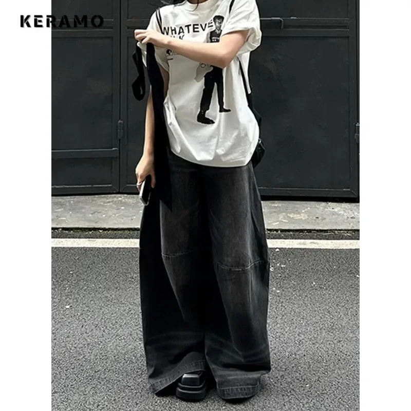 

American Retro Wide Leg Grunge Streetwear Denim Trouser High Waist Oversized Jeans Women Casual Baggy Pocket Solid Y2K Pants