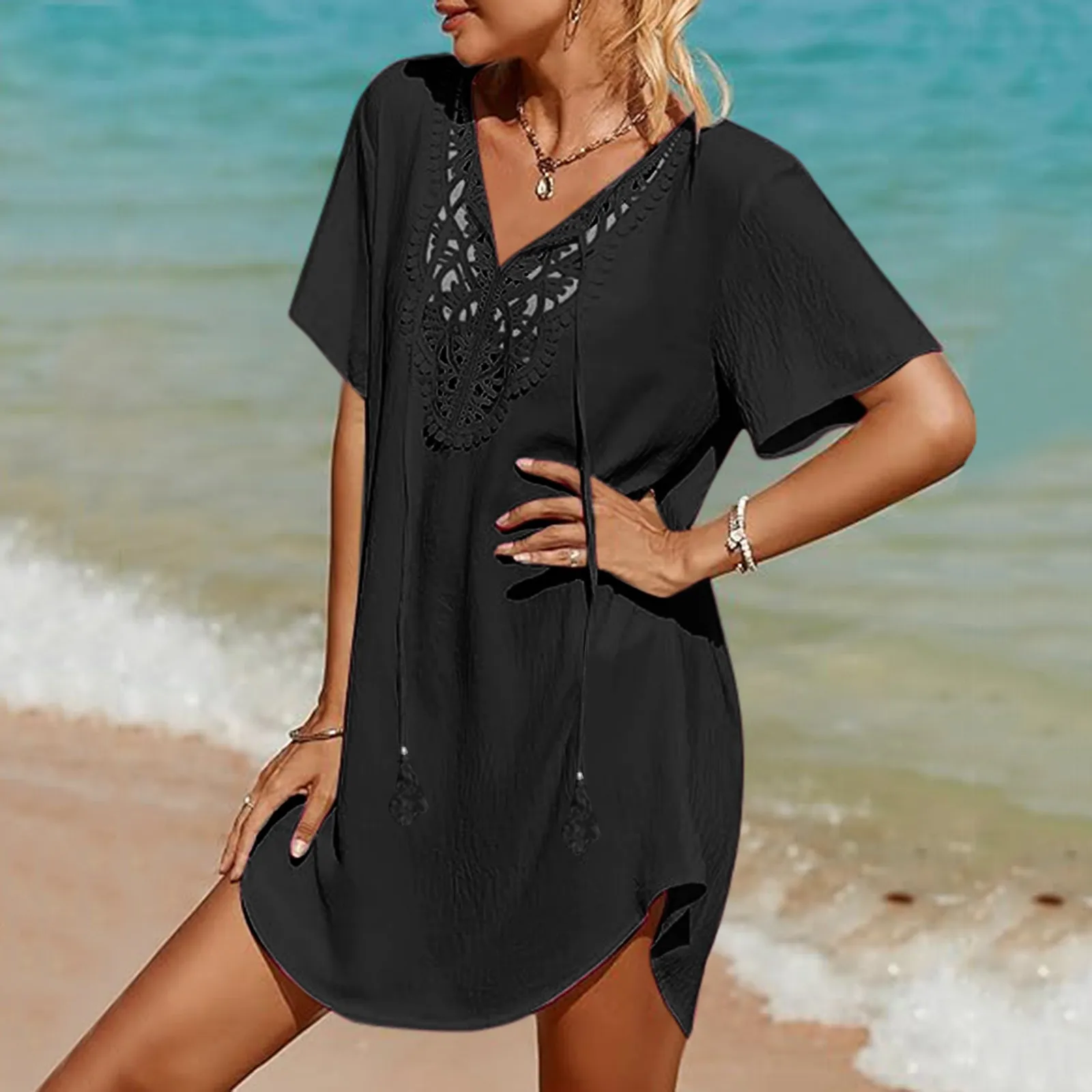 

2024 Womens Summer Swimsuit Coverup Lace Crochet V Neck Bathing Suit Cover Up Dress Beach Cover Ups For Swimwear Women Bikinis