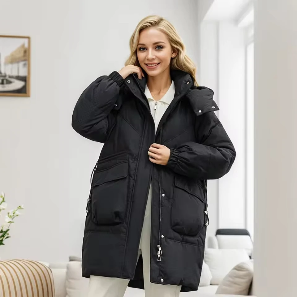 

Women Winter Solid Color Thickened Mid Length Loose Hooded Fashionable Windproof Large Pocket Cotton Coat Long Womens