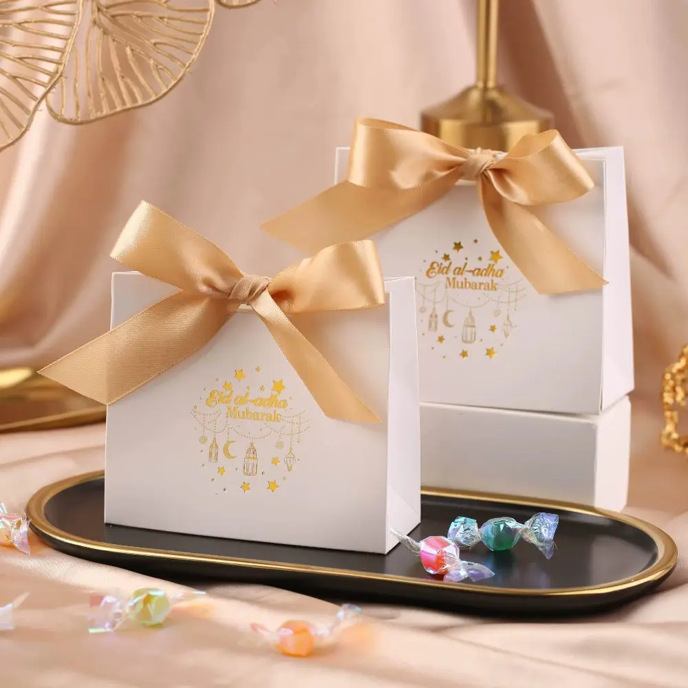 

10pcs Creative Silk Ribbon Eid Mubarak Gift Box Moon Star Paper Candy Bags DIY Unique Gift Packaging Box Eid Al Fitr