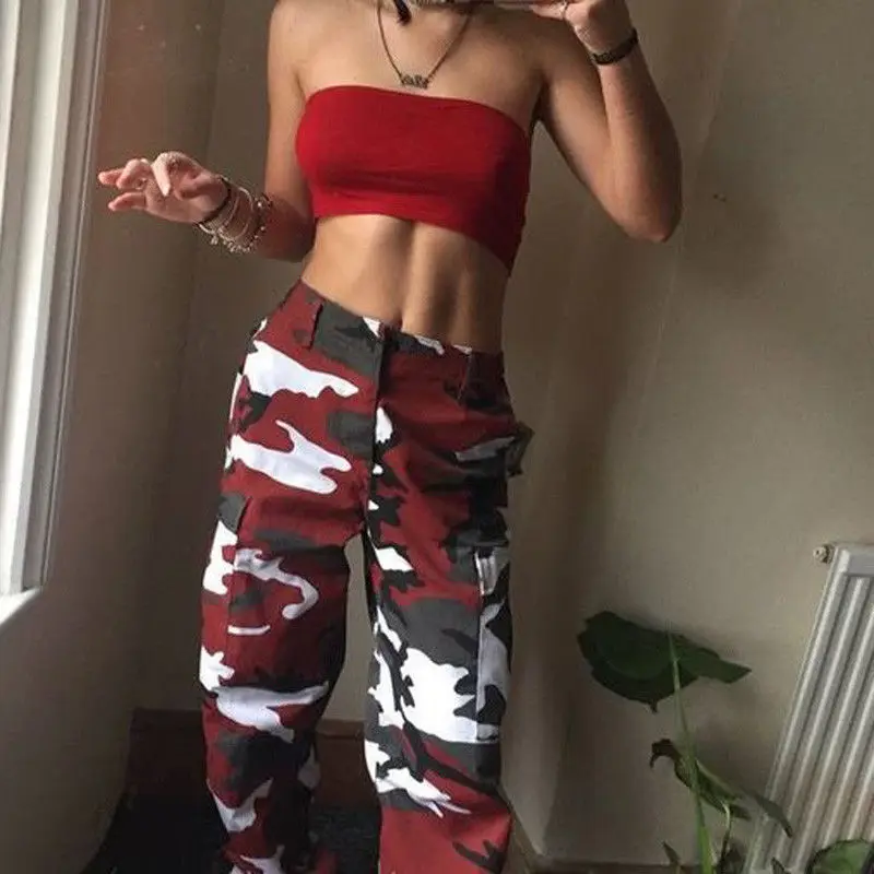 Newest Arrival Women Camo Cargo High Waist Hip Hop Trousers Pants Military Army Combat Camouflage Long Pants Hot Capris