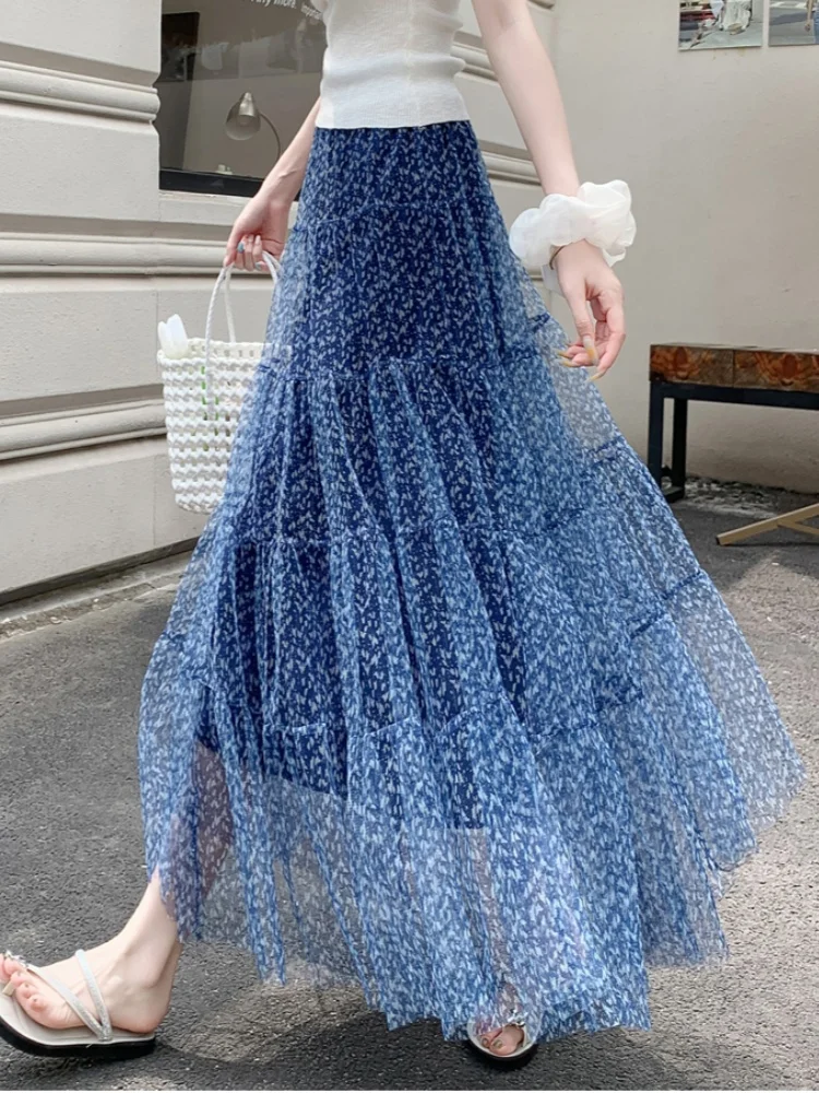 

SMTHMA 2025 New Summer Blue Mesh Skirt With Falling Feeling A-line High Waist Skirt Print Big Swing Umbrella Skirt
