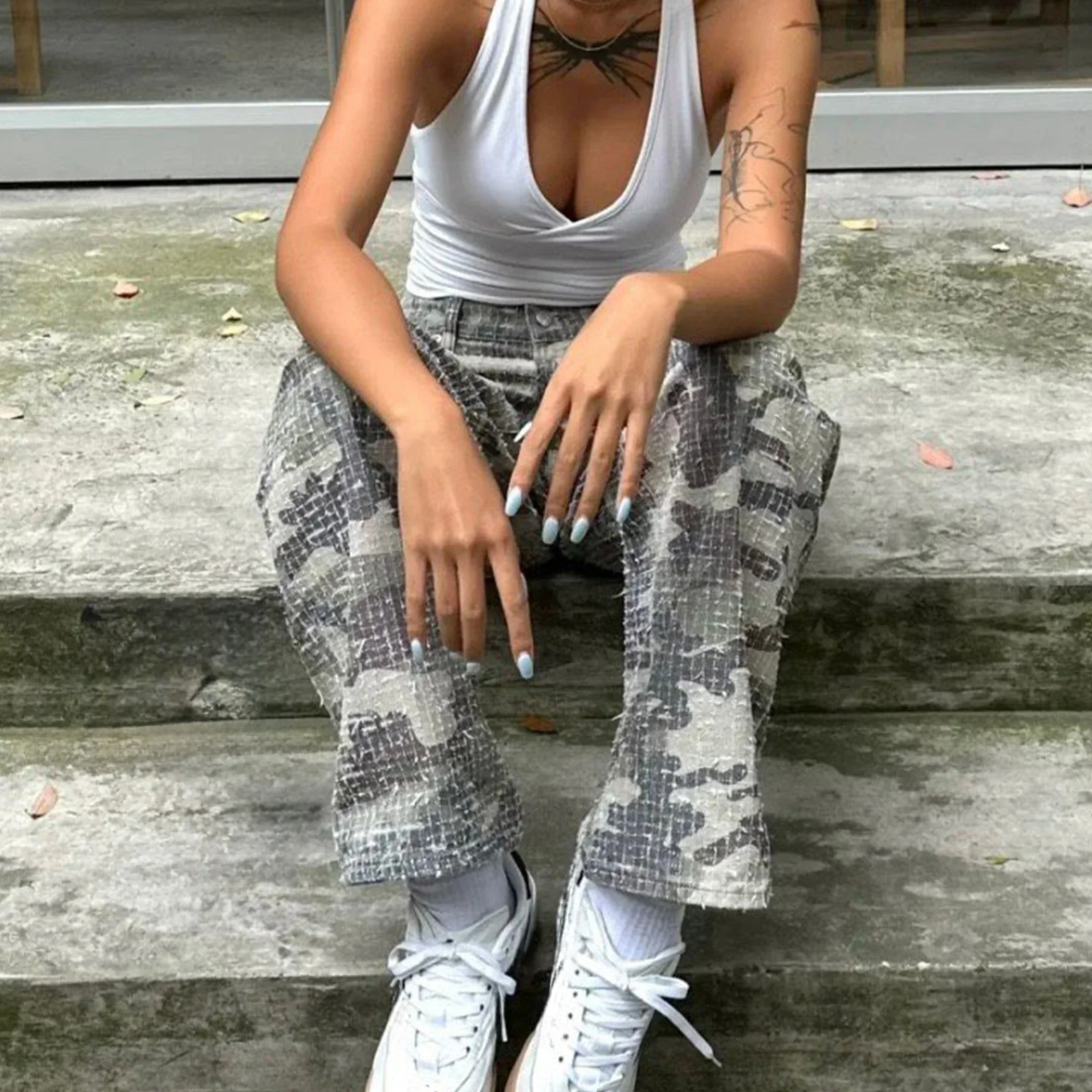 NIGO Men's Spring/summer Retro High Street Camouflage Distressed Plaid Straight Leg Pants Ngvp #nigo8538