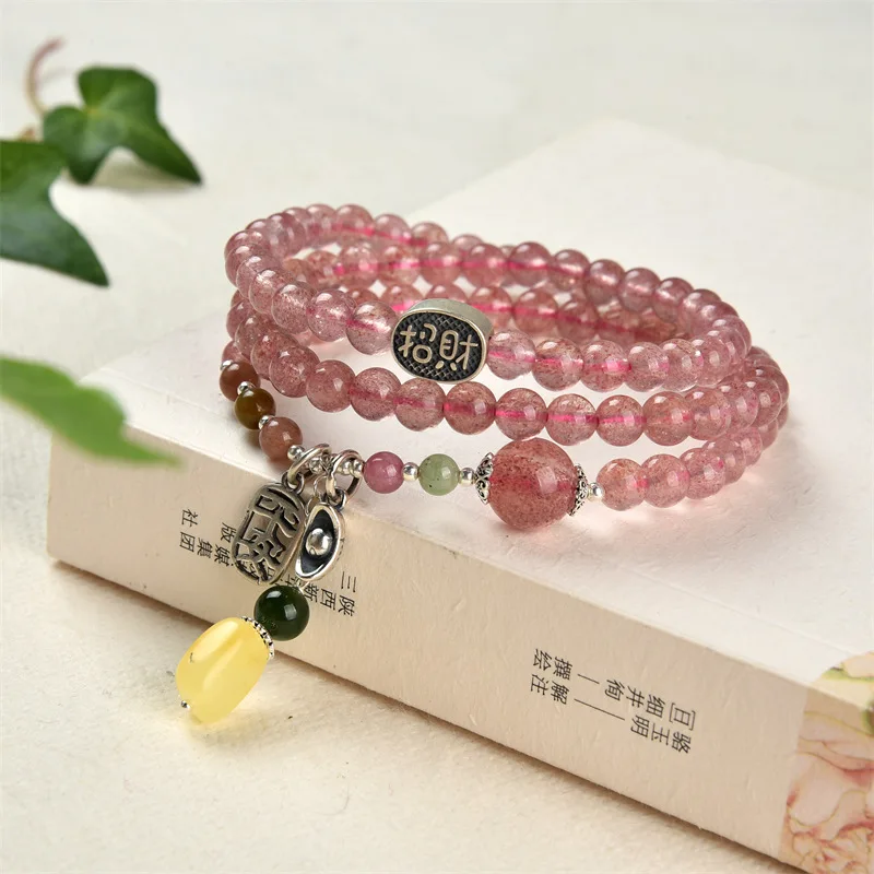 L Strawberry Crystal Ping An Fortune Three-Circle Bracelet Female S925 Silver Accessories Beeswax Jasper High-Level Bracelet