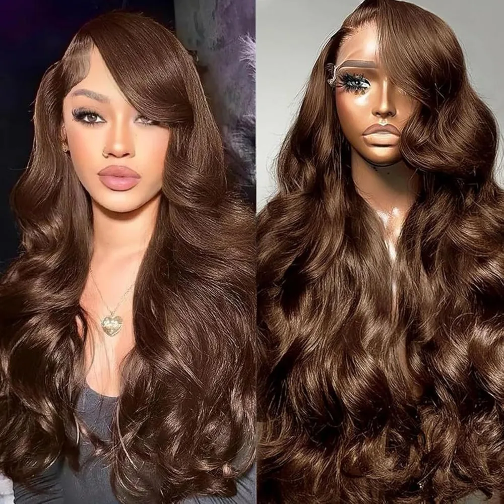 

# 4 Шоколадно-коричневых парика с объемной волной, плотность 200, бразильские предварительно выщипанные 13x6 HD, кружевные фронтальные парики, темно-коричневые человеческие парики с объемной волной