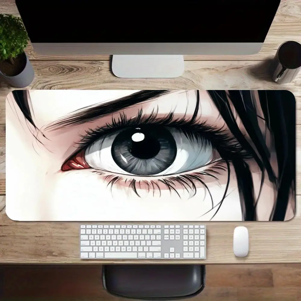 Blue Eye Butterfly Anime Large Desk Mat Delicate 2D Eye Illustration Non-Slip Stitched Edge Mouse Pad for Office Study Gaming