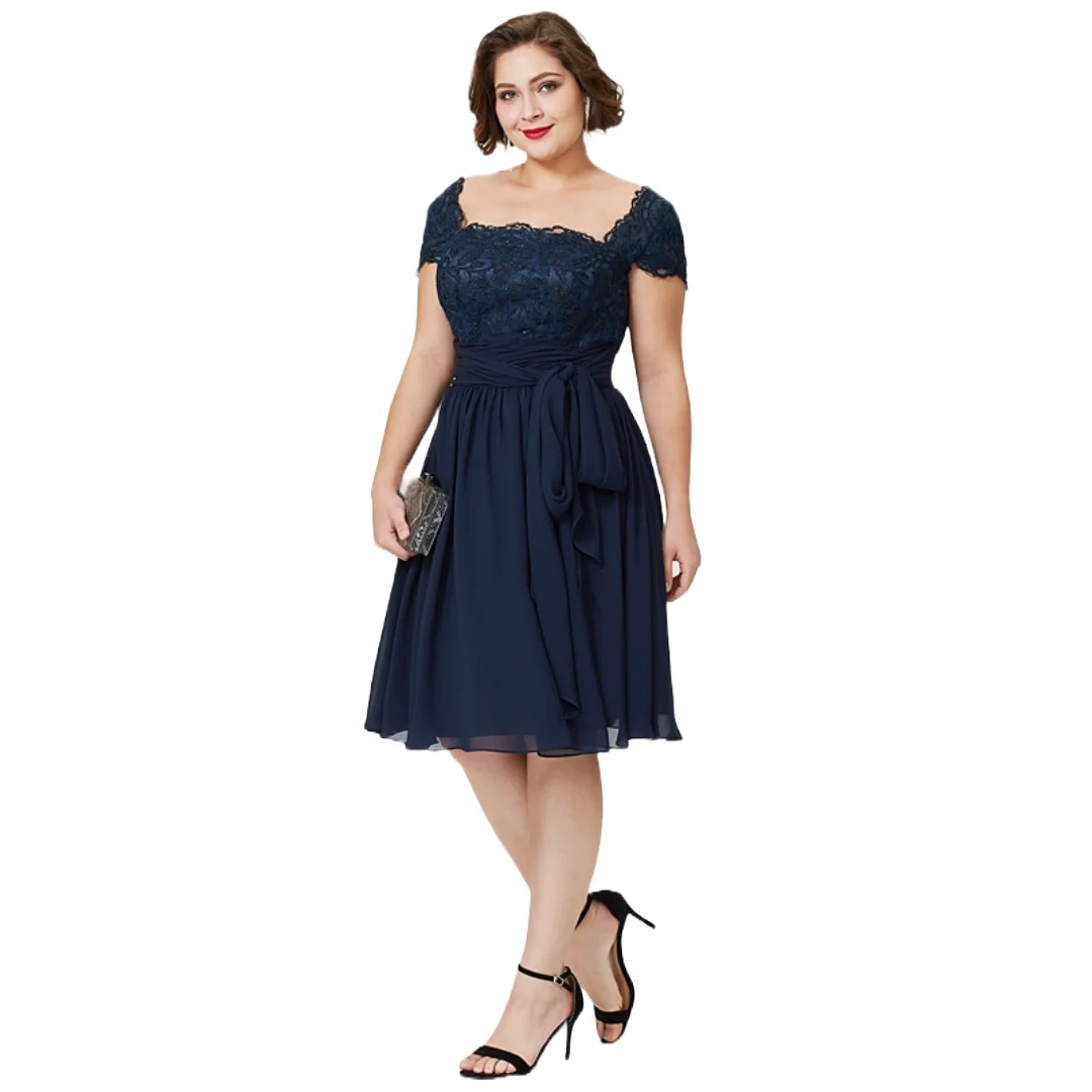 Customized Stunning Plus Size Mother of the Bride Dress Navy Lace and Chiffon Tea Length with Cap Sleeves Wedding Guest Attire