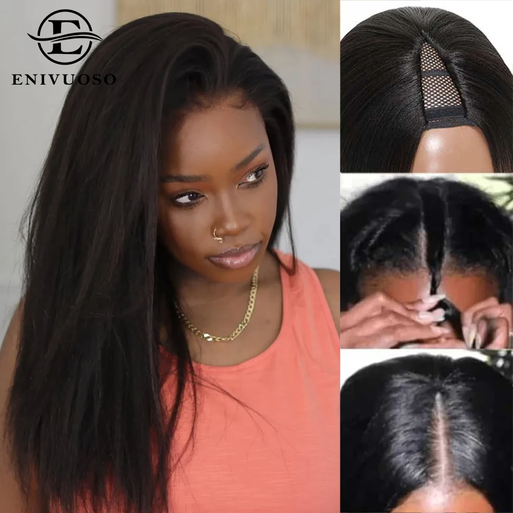 

Парик с V-образной частью Kinky Straight Wigs No Leave Out No Sew In 200% Плотность Natural Color Upgrade U-образный прямой парик Yaki для женщин