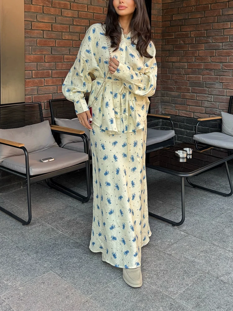 

New Floral Print Loose Party Two Piece Set Lapel Button Up Shirt and Half Skirt Women Elegant Suit Spring Leisure Holiday Outfit