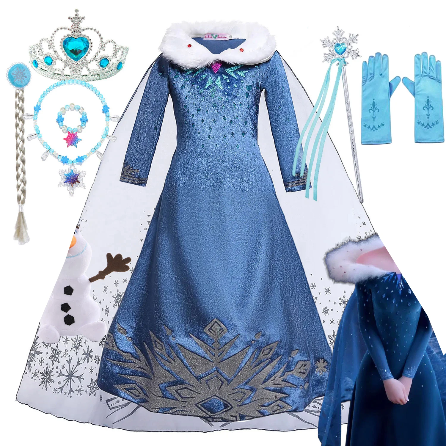 Snow Man Olaf Adventure Costume Play Hallowee Princess Dress up Elsa Velvet Frock Full Sleeve Ice Queen Carnival Parade Apparel