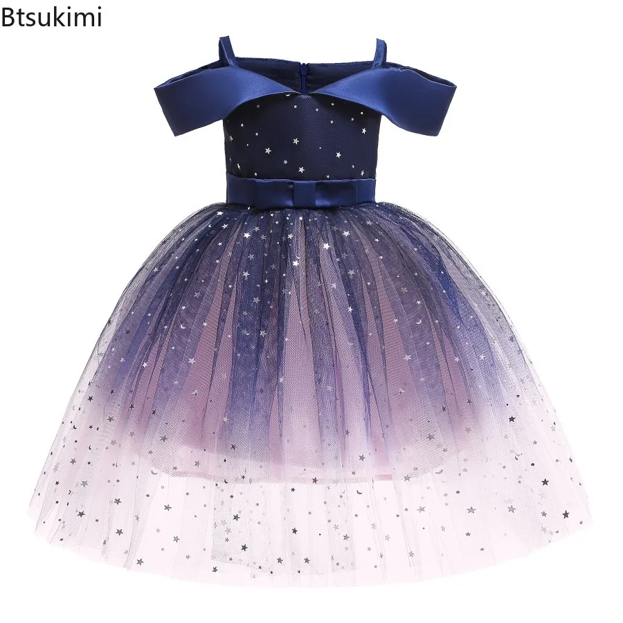 Summer Star Sequin Girls Dress Christmas Costumes Lace Wedding Birthday Party Princess Dresses for Girl Bow Bridesmaid Prom Gown
