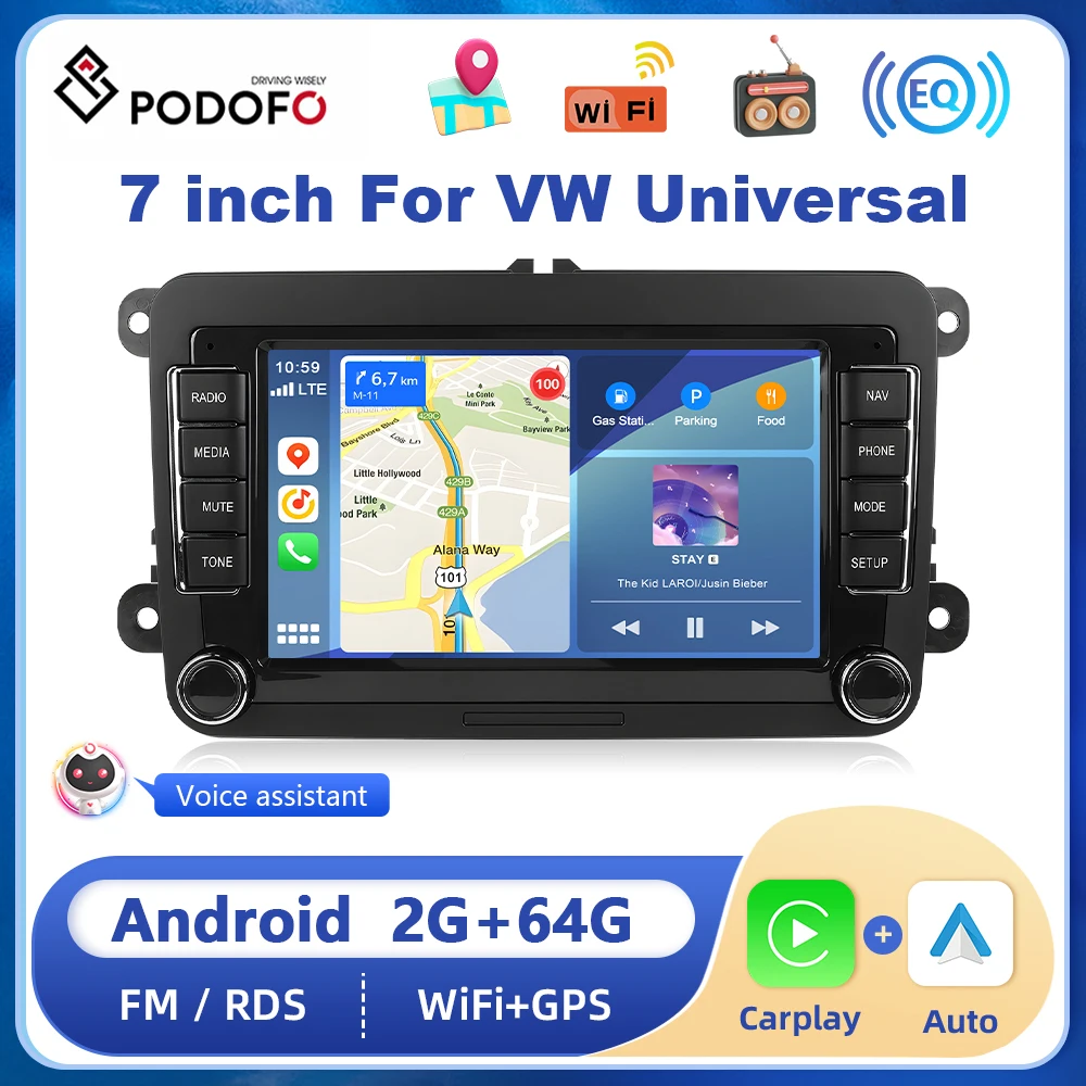 

Podofo 2din Android Car Radio For VW 7''Touch Screen Car GPS Stereo Wireless Carplay Android auto Bluetooth FM Upgrade System