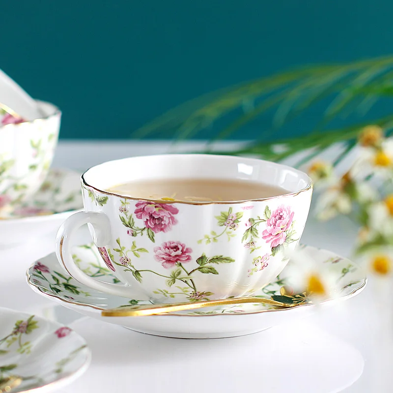 Elegant High-End Coffee Cup Saucer Set, Bone China, Flower Tea Set, British Afternoon Porcelain, Home Drinkware