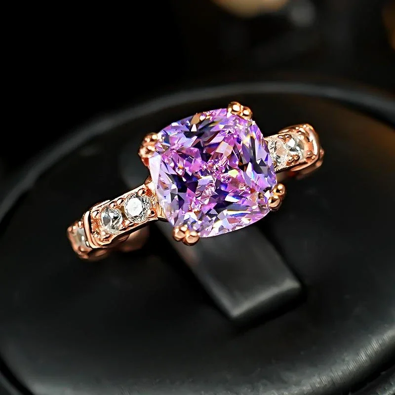 925 silver ring simple and versatile purple rock sugar set with 4-carat colorful ice flower cutting, bursting and sparkling