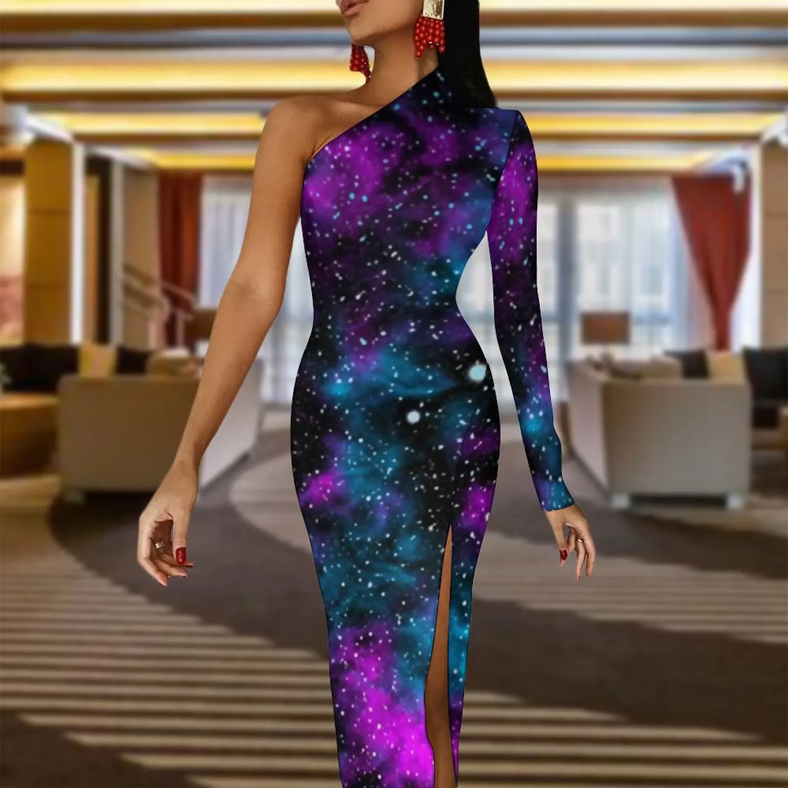 Blue And Purple Galaxy Long Dress Cosmic Neon Print Party Maxi Dress Autumn Elegant Bodycon Dresses Side Split Graphic Clothing